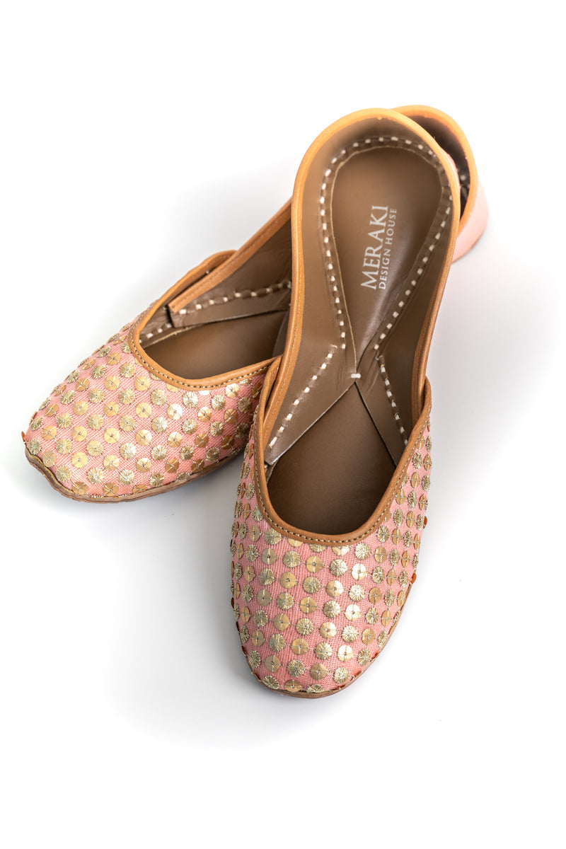 Handcrafted Gold & Pink Flats, inspired by the traditional form of South Asian Khussa/Jutti. Made with 100% genuine leather to keep you comfortable regardless of the occasion. Designed in collaboration with Shehzeen Rehman a.k.a The Desi Wonder Woman