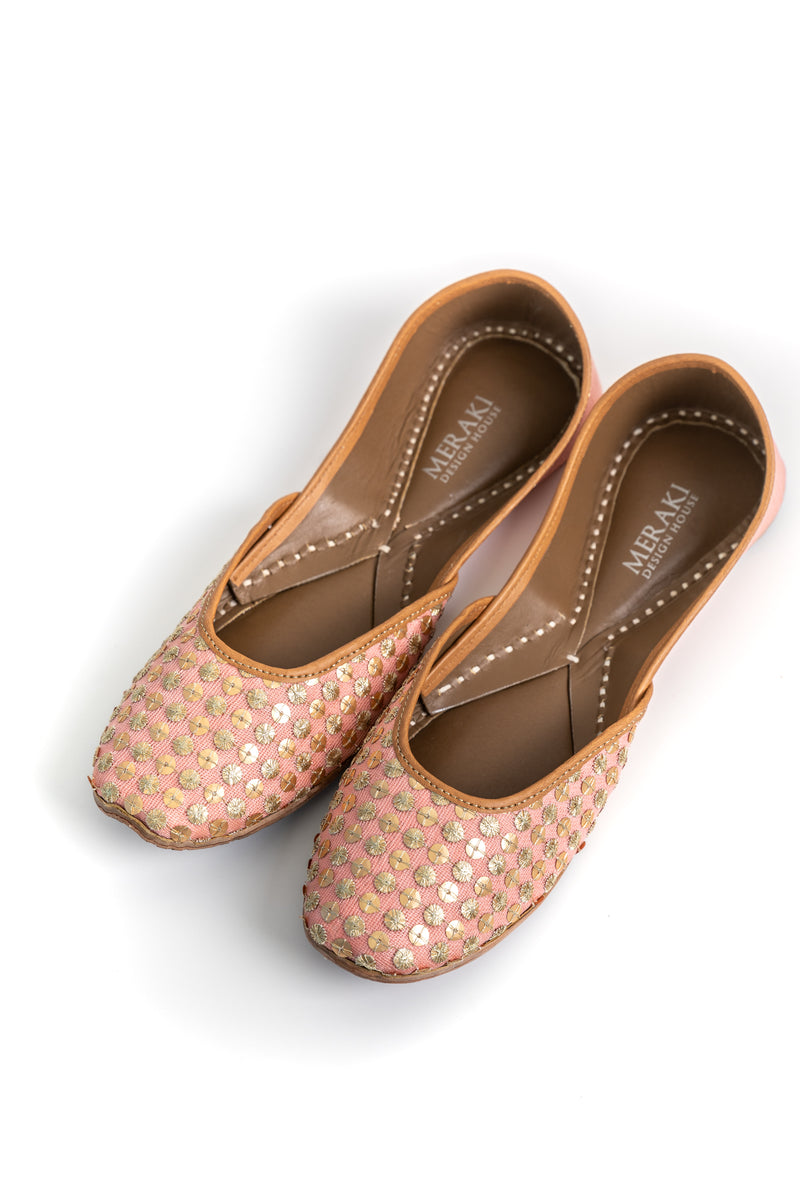 Handcrafted Gold & Pink Flats, inspired by the traditional form of South Asian Khussa/Jutti. Made with 100% genuine leather to keep you comfortable regardless of the occasion. Designed in collaboration with Shehzeen Rehman a.k.a The Desi Wonder Woman