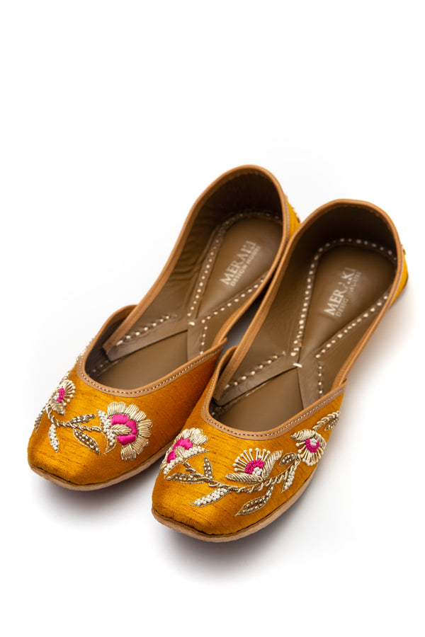 Handcrafted yellow flats, inspired by South Asian Khussa/Jutti design. Made with 100% genuine leather. Comfortable fancy flats perfect for any occasion, especially for a daytime wedding. Pink embroidery, made for a mehndi function. 