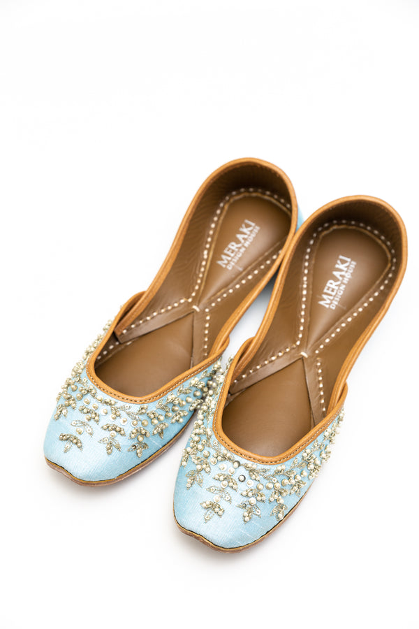 Handcrafted pastel blue flats inspired by South Asian Khussa/Jutti design. Made with 100% genuine leather. Comfortable fancy flats perfect for any occasion especially weddings. 