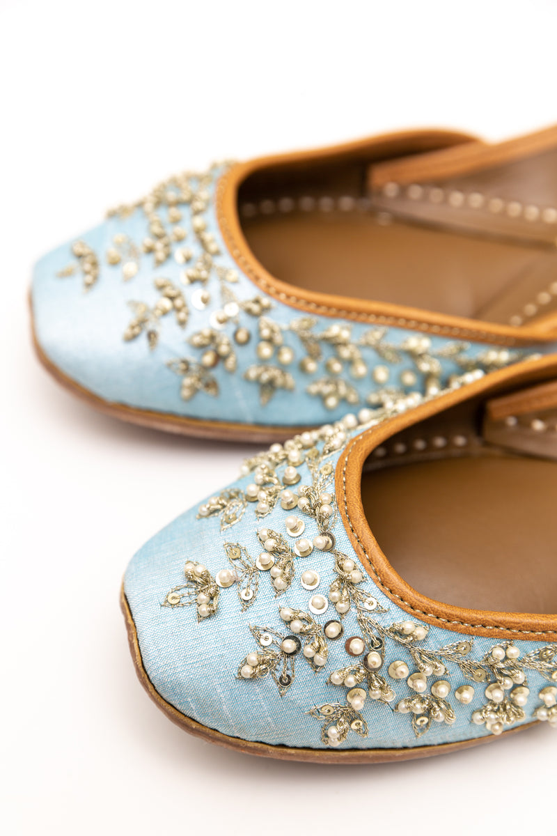 Handcrafted pastel blue flats inspired by South Asian Khussa/Jutti design. Made with 100% genuine leather. Comfortable fancy flats perfect for any occasion especially weddings. 