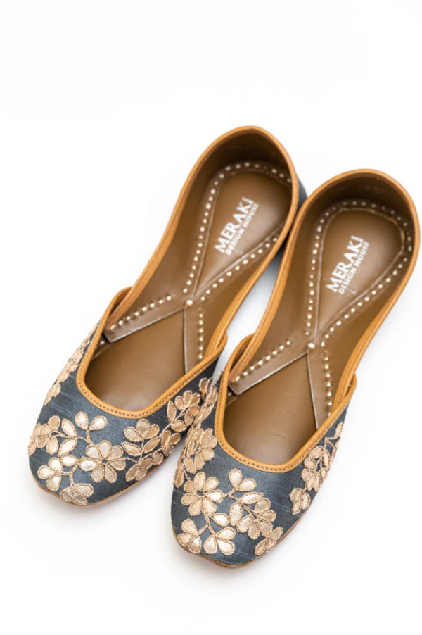 Handcrafted grey flats, inspired by South Asian Khussa/Jutti design. Made with 100% genuine leather. Comfortable fancy flats perfect for any occasion. 