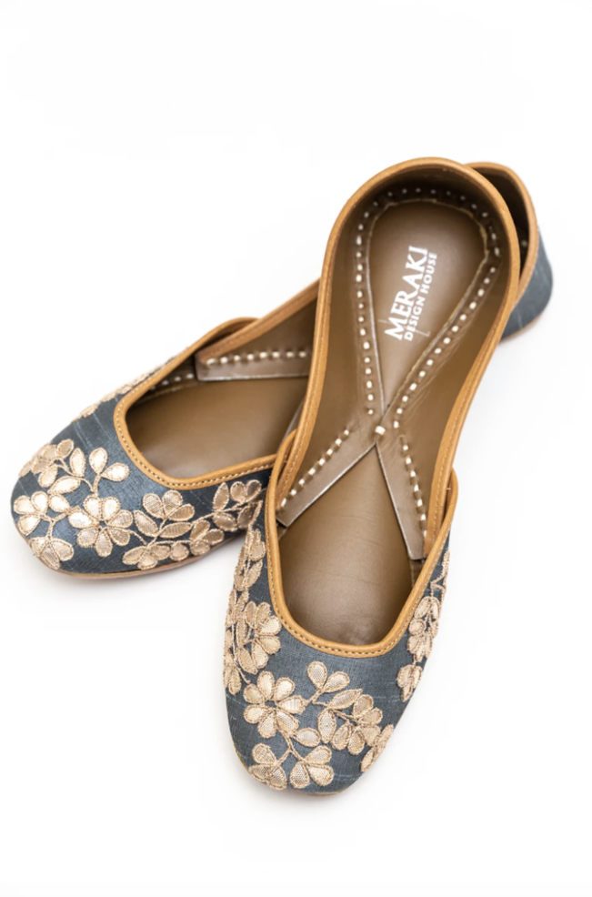 Handcrafted grey flats, inspired by South Asian Khussa/Jutti design. Made with 100% genuine leather. Comfortable fancy flats perfect for any occasion.